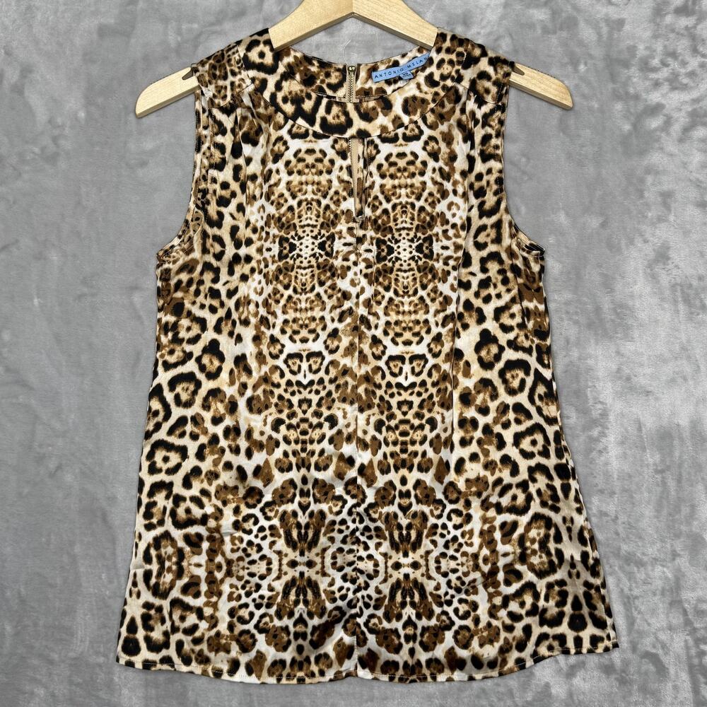 Antonio Melani Top Womens XS Brown Leopard Print Sleeveless Zip Back Blouse Work